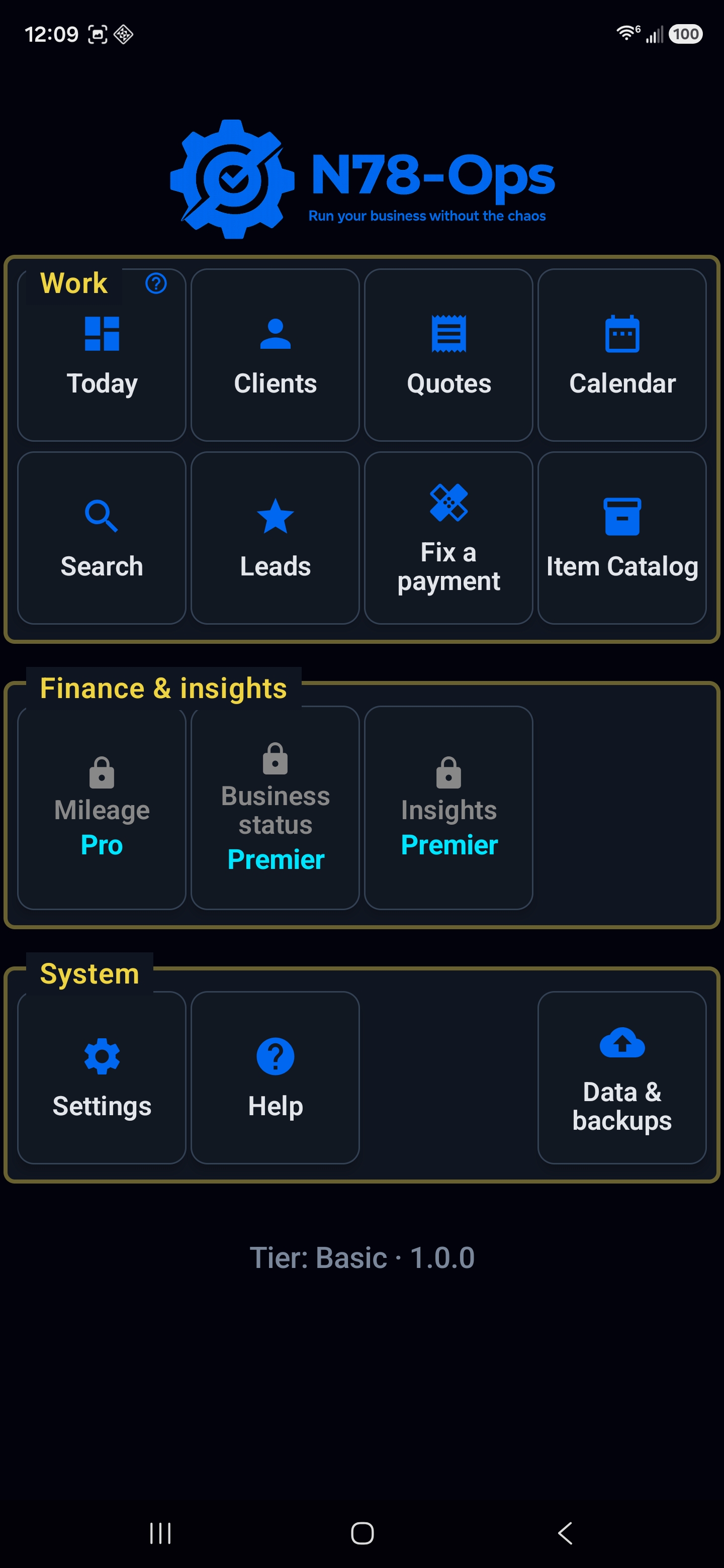 N78-Ops dashboard in dark theme on a Samsung Galaxy S25 Ultra